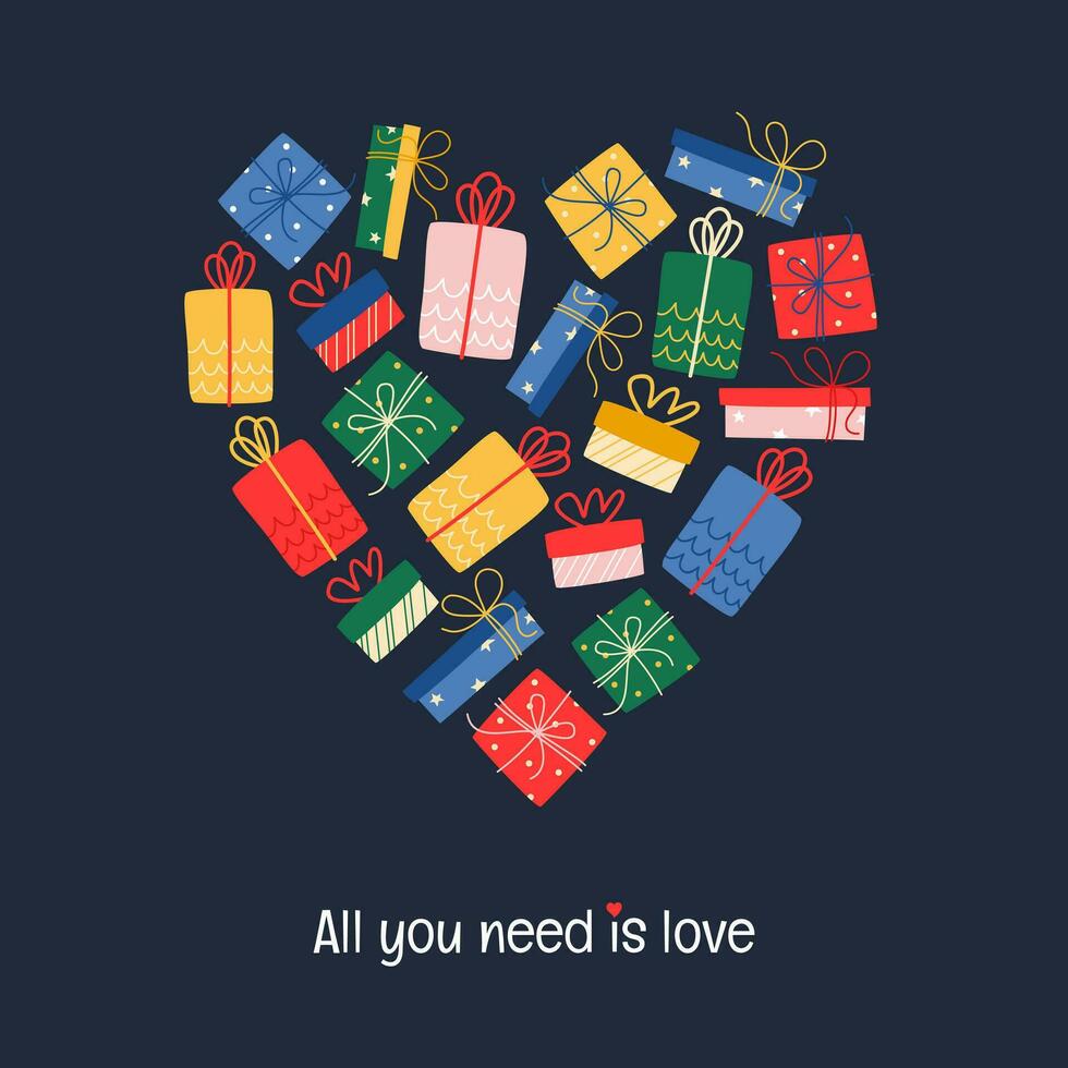 tarjeta contento San Valentín día. vector composición en el forma de un corazón con regalos.
