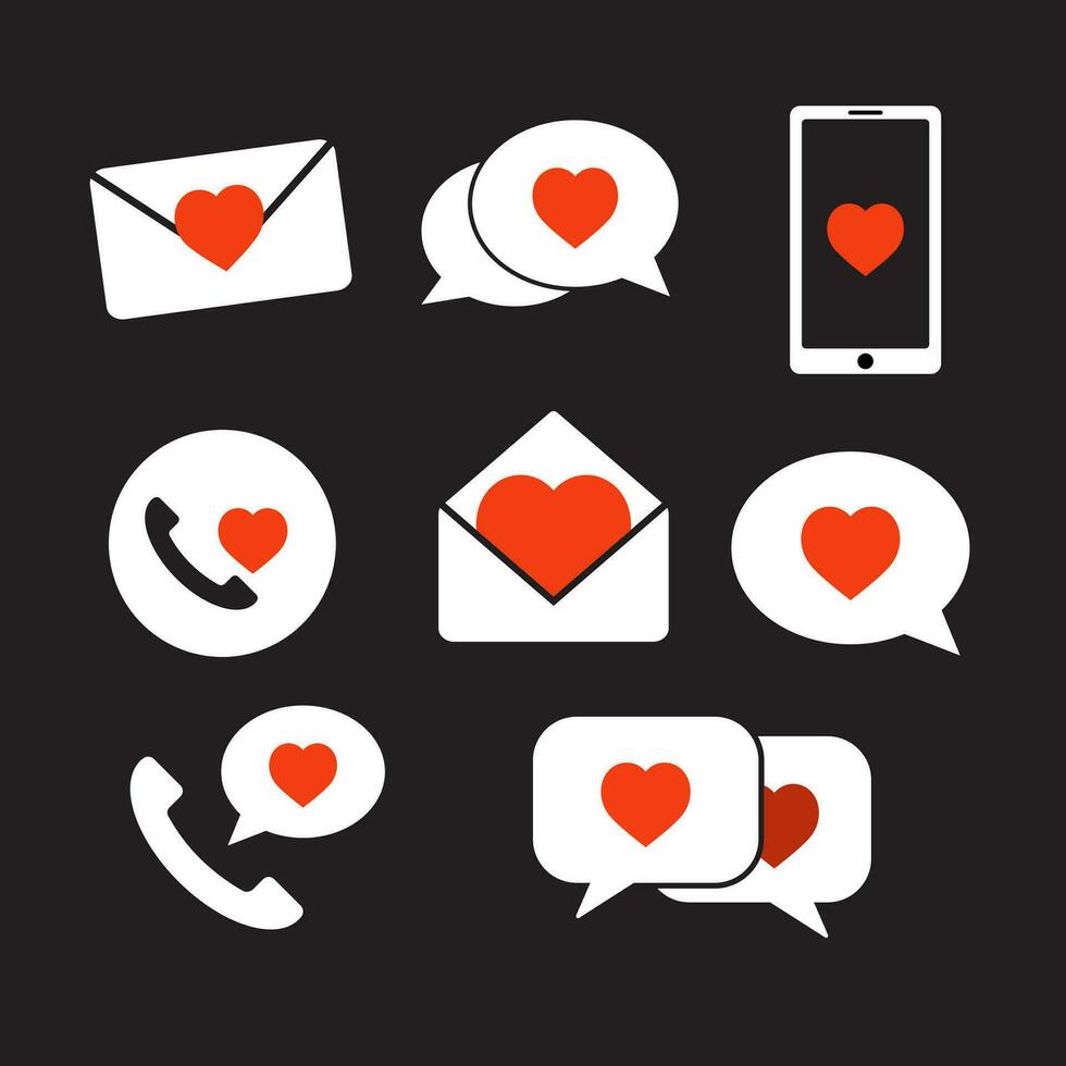 conjunto de icono charla caja , correo, teléfono y rojo amor icono , vector ilustración , aislado en negro