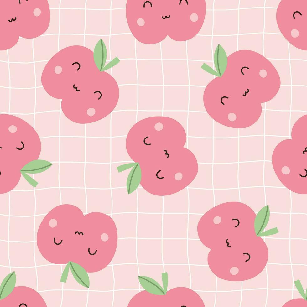 bebé sin costura modelo manzana Fruta antecedentes con cuadrado cuadrícula líneas en rosado antecedentes usado para imprimir, fondo de pantalla, decoración vector ilustración