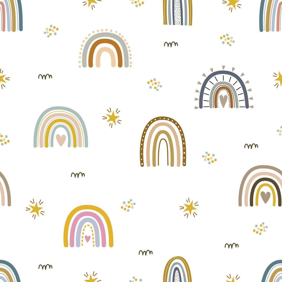 Cute rainbow seamless pattern with clouds on white background, used for print, decor, wallpaper, baby clothes, textiles vector
