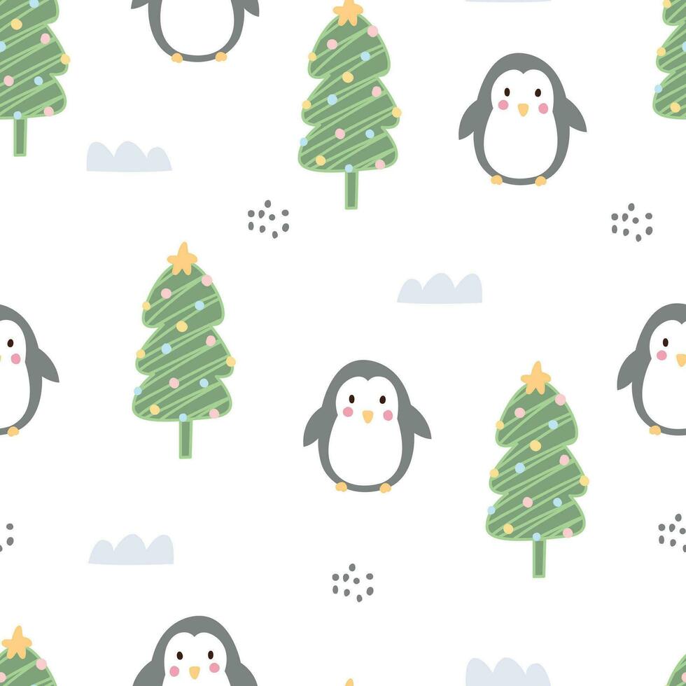Seamless pattern with penguins on white background. Hand drawn design in cartoon style. used for decoration Celebration Wallpaper Fabric Textile vector