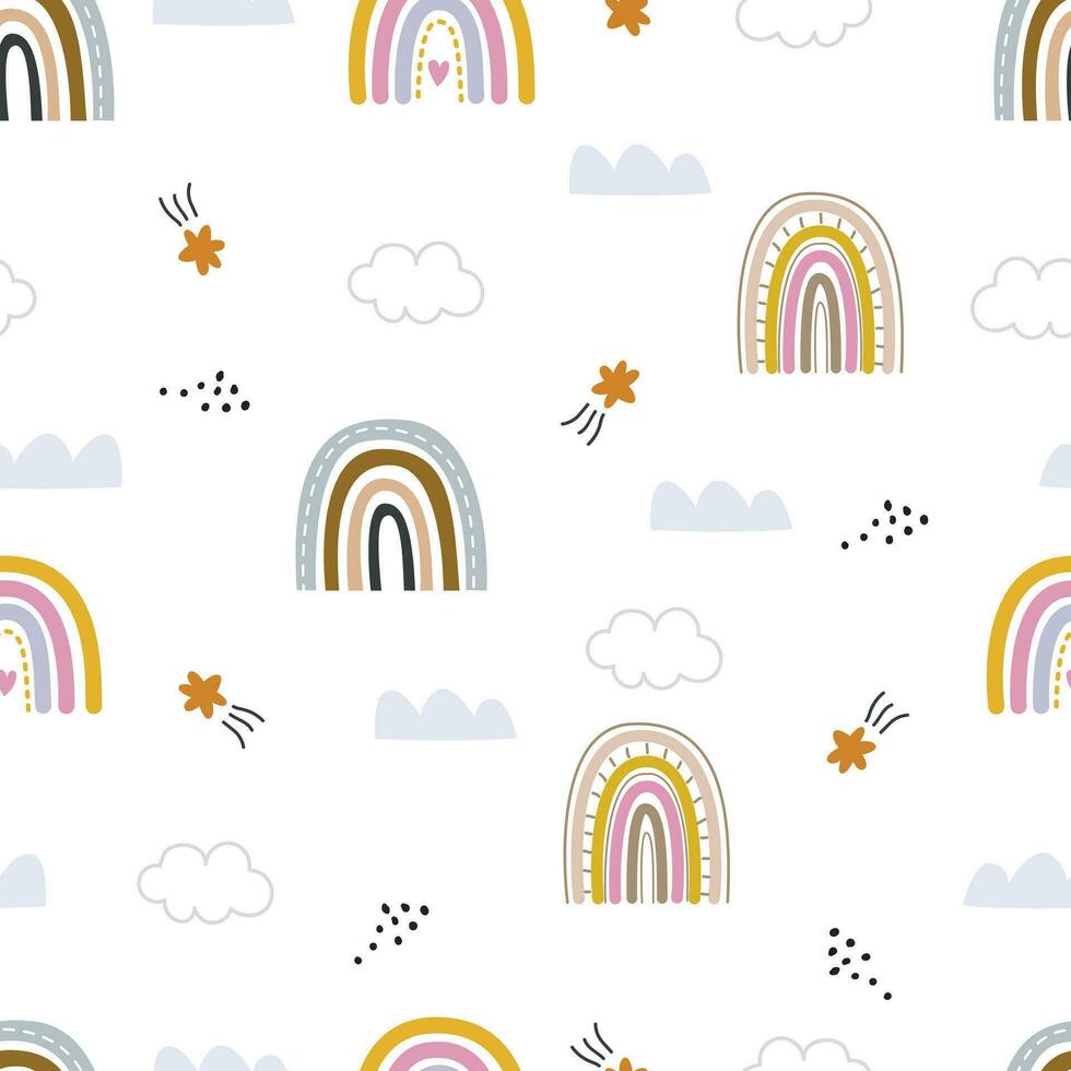 Cute rainbow seamless pattern with clouds on white background, used for print, decor, wallpaper, baby clothes, textiles vector
