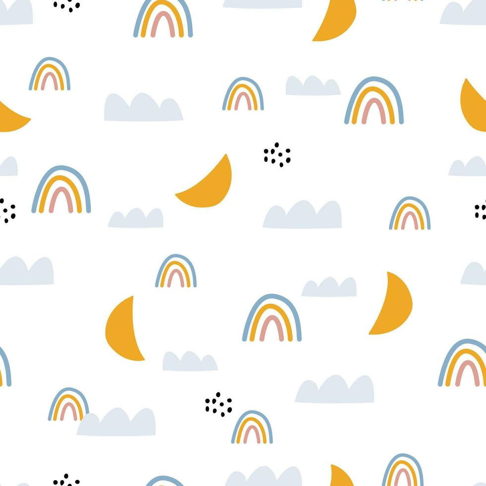 Seamless baby pattern rainbow with clouds on white background, hand drawn, designed in a cartoon style. Used for prints, decorative wallpaper, baby clothes motifs, textiles Vector Illustration