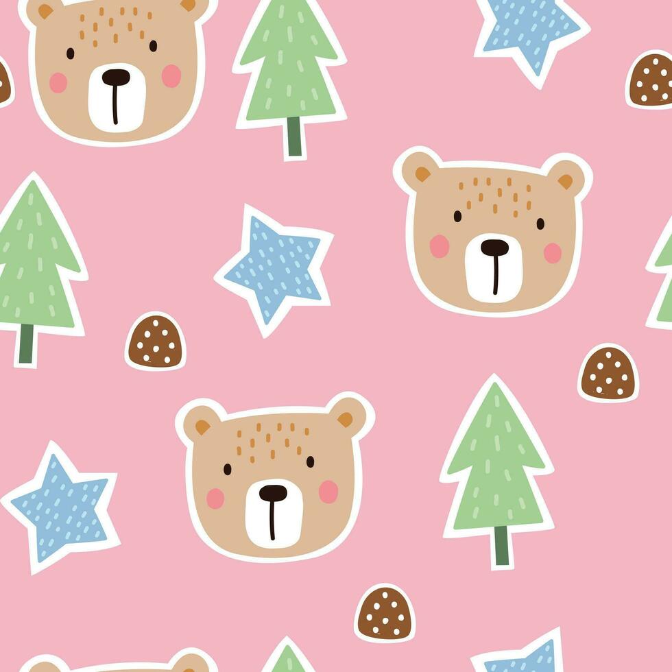 Kids seamless pattern Brown bear face Cute hand-drawn animal background in child style vector
