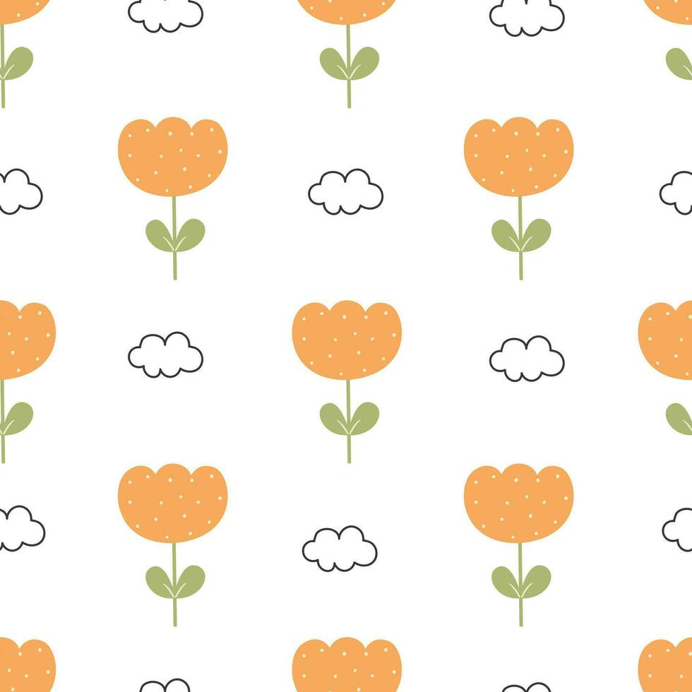 Seamless pattern Nature Background Flowers And Clouds Hand drawn design in cartoon style Used for textiles, prints, wallpapers, vector illustration