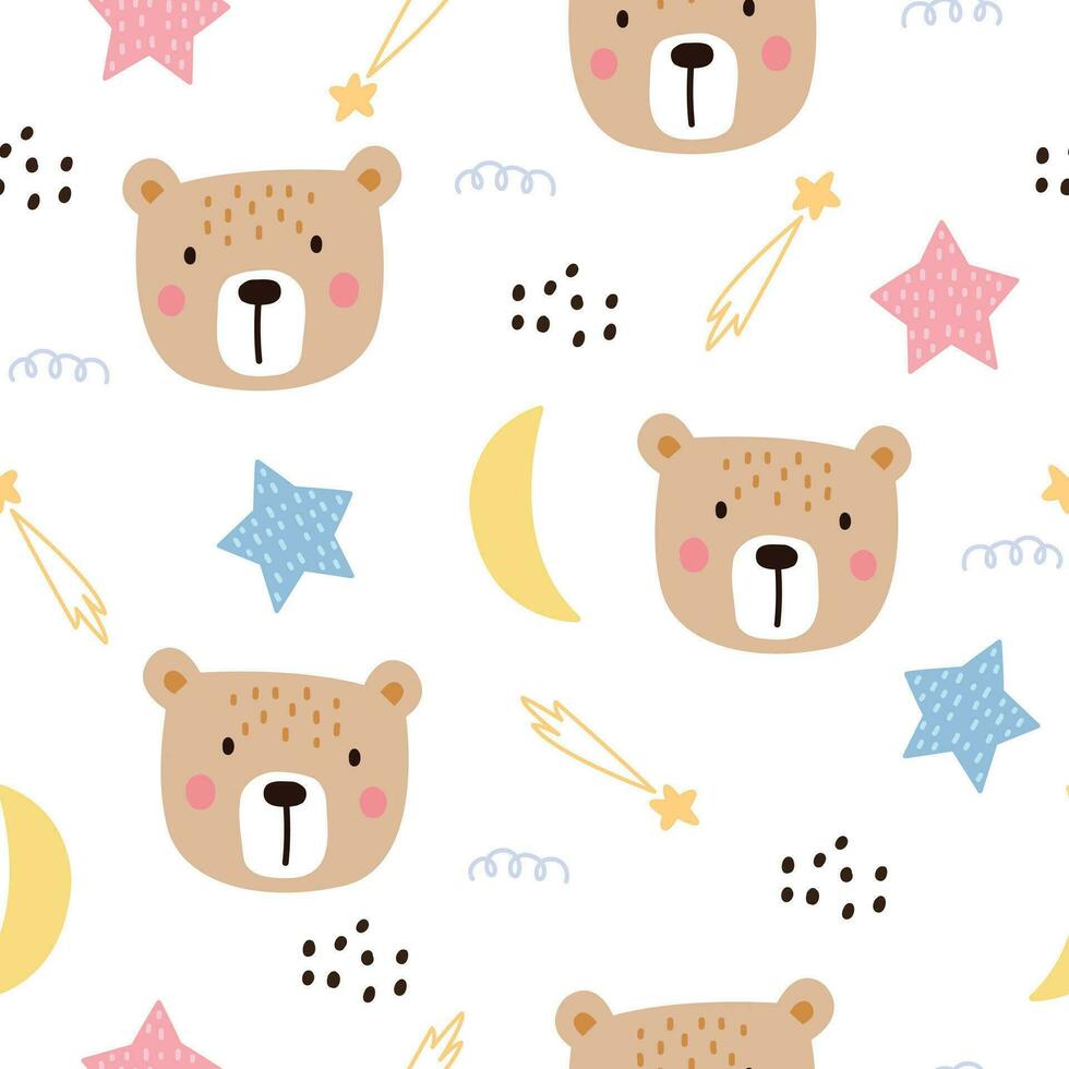 Baby seamless pattern Brown bear face Cute hand-drawn animal background in child style vector