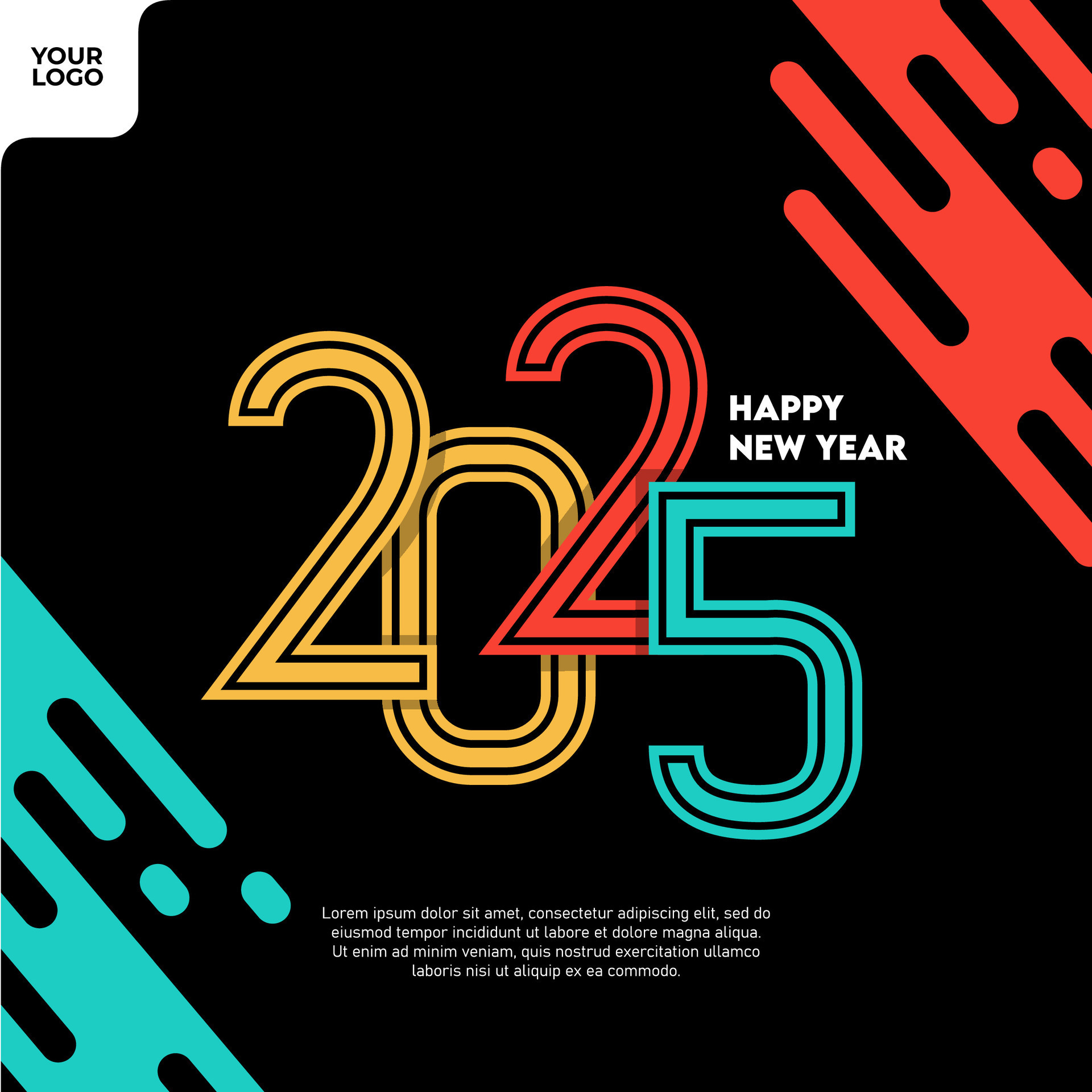 Happy new year 2025 square template with colorful number style on black