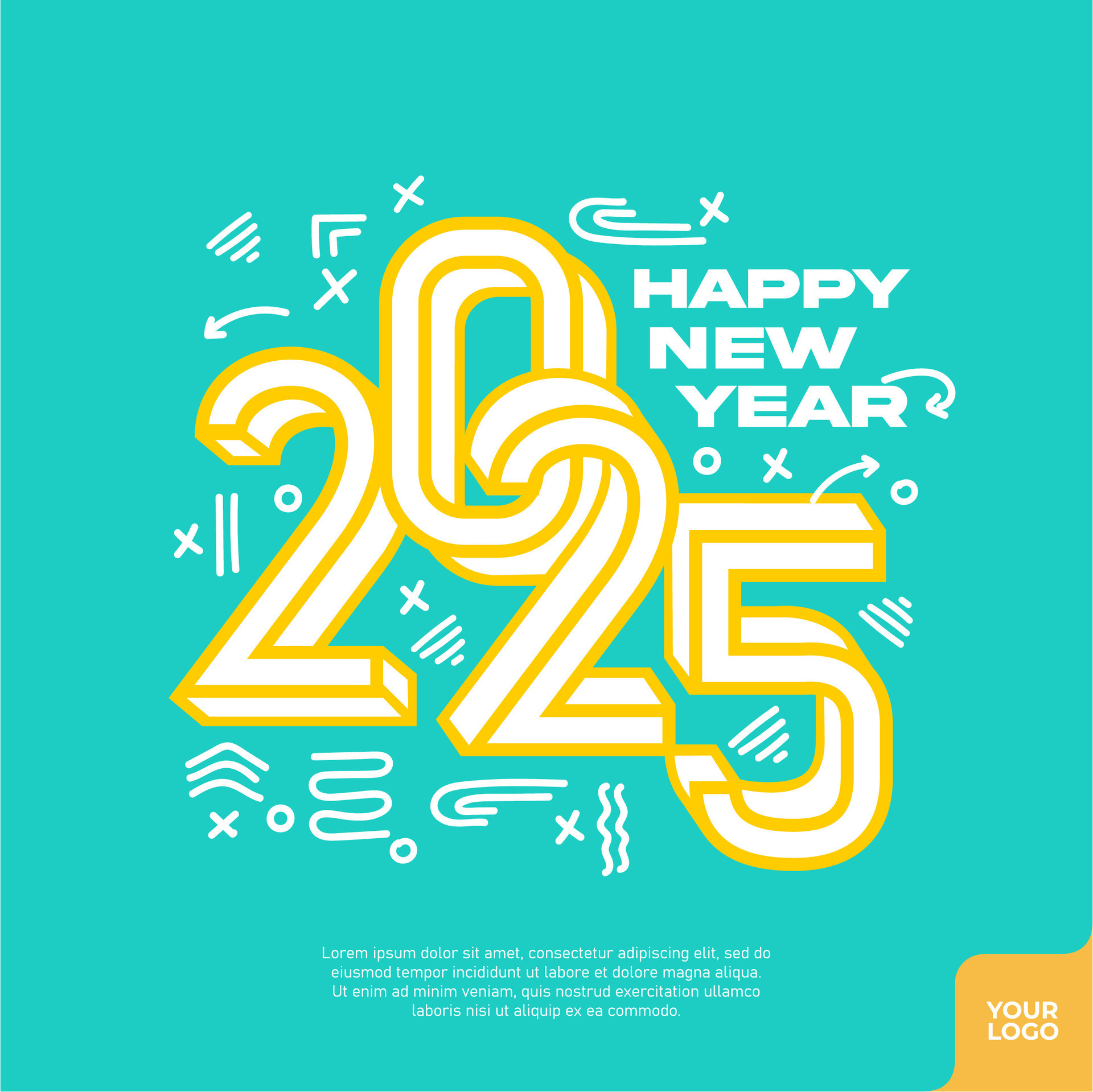 Happy new year 2025 square template with colorful 3d hand drawn number