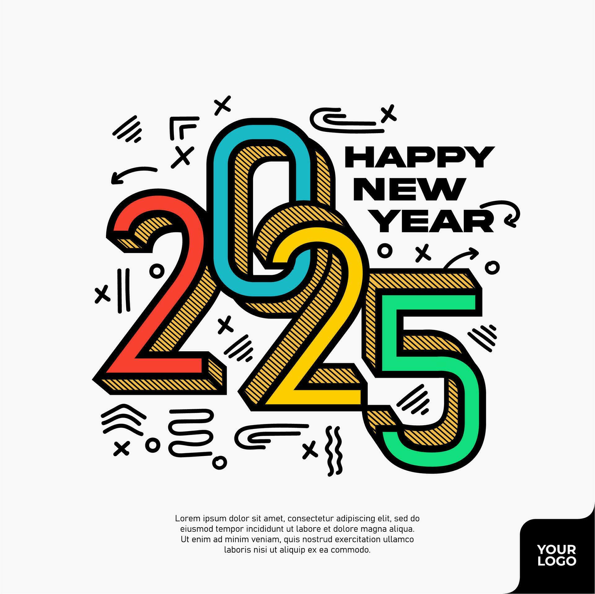 Happy new year 2025 square template with colorful 3d hand drawn number