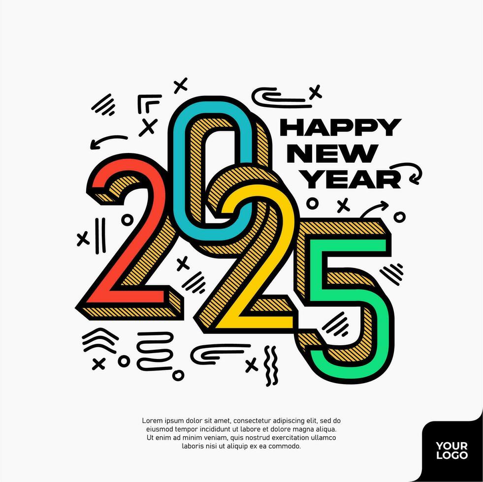 Happy new year 2025 square template with colorful 3d hand drawn number
