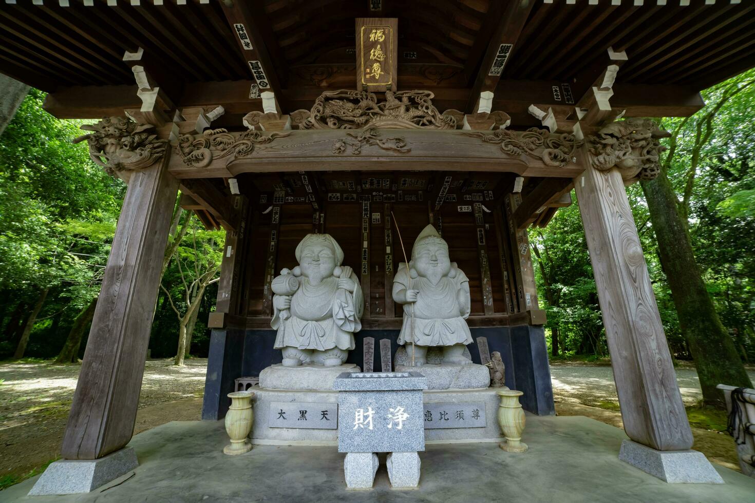 Japanese guardian statues at the traditional street in Tokyo wide shot photo