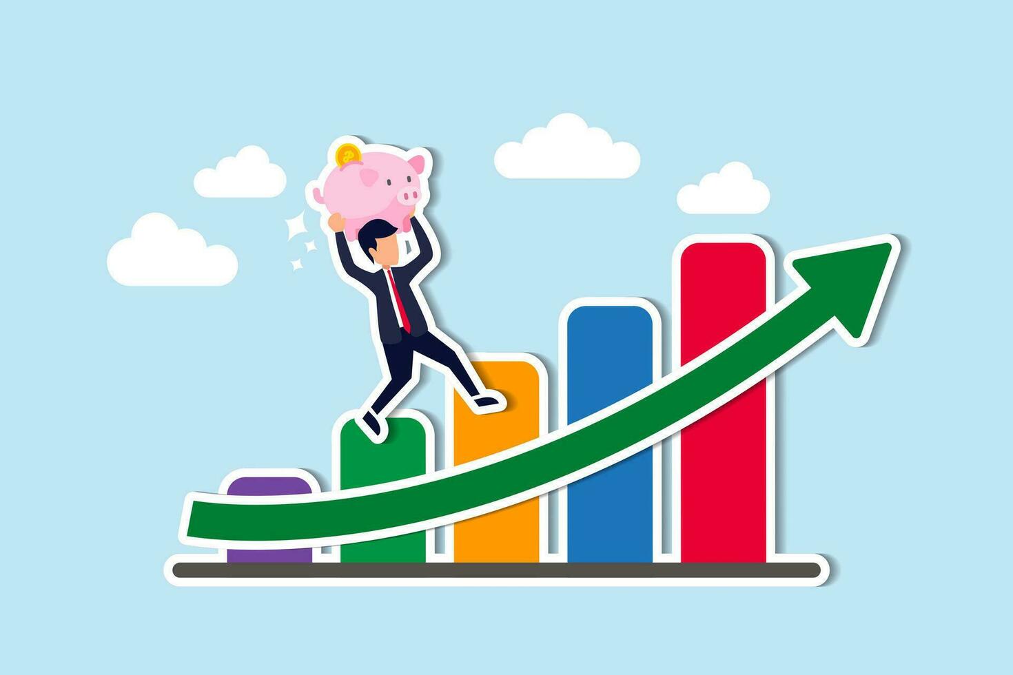 Growth stock, prosperity economic or growth return in savings and investment concept, confident businessman investor hold wealthy pink piggy bank walking up rising green arrow stock market bar graph. vector