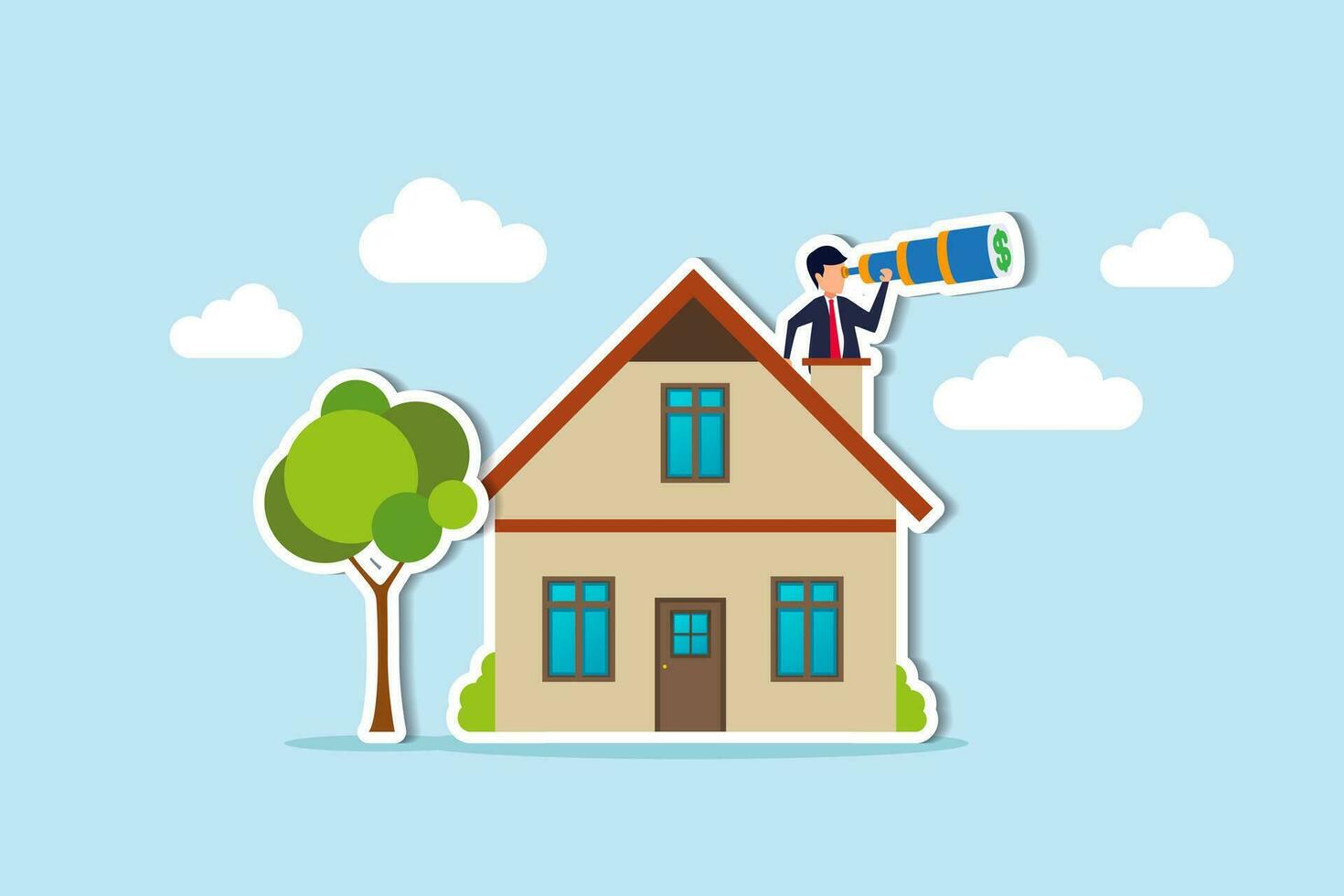 Oportunidad de inversión inmobiliaria y de vivienda, pronóstico o visión de crecimiento de la propiedad, hipoteca futura o concepto de beneficio de rentas, empresario inversor con telescopio subir a la chimenea de la casa para ver la visión. vector