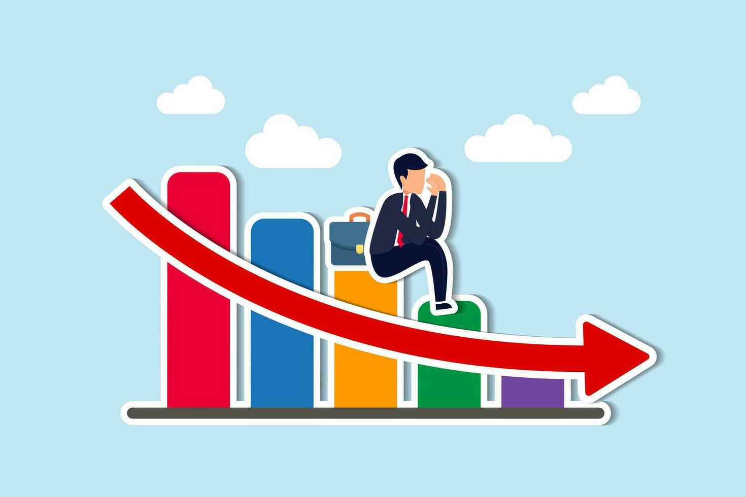 Economic recession, financial crisis or stock market crash due to COVID-19 Coronavirus pandemic concept, unemployed businessman investor or business owner sitting on falling down bar graph, red arrow. vector