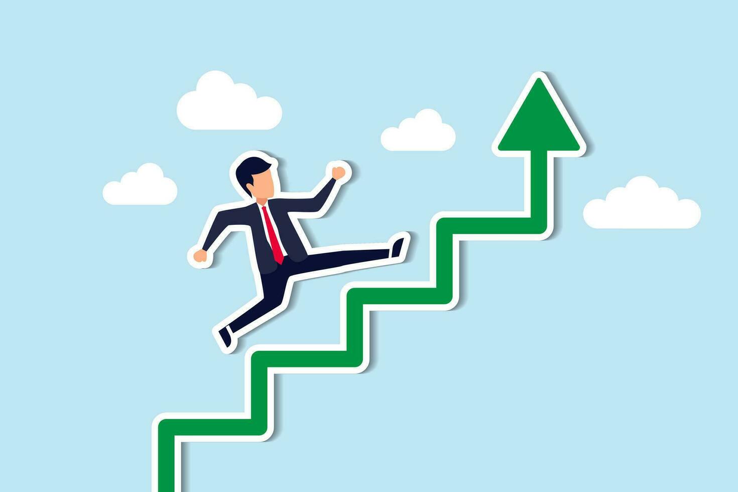 Improvement or career growth, stairway to success, growing income or improve skill to achieve business target concept, confidence businessman step walking up stair of success with rising up arrow. vector