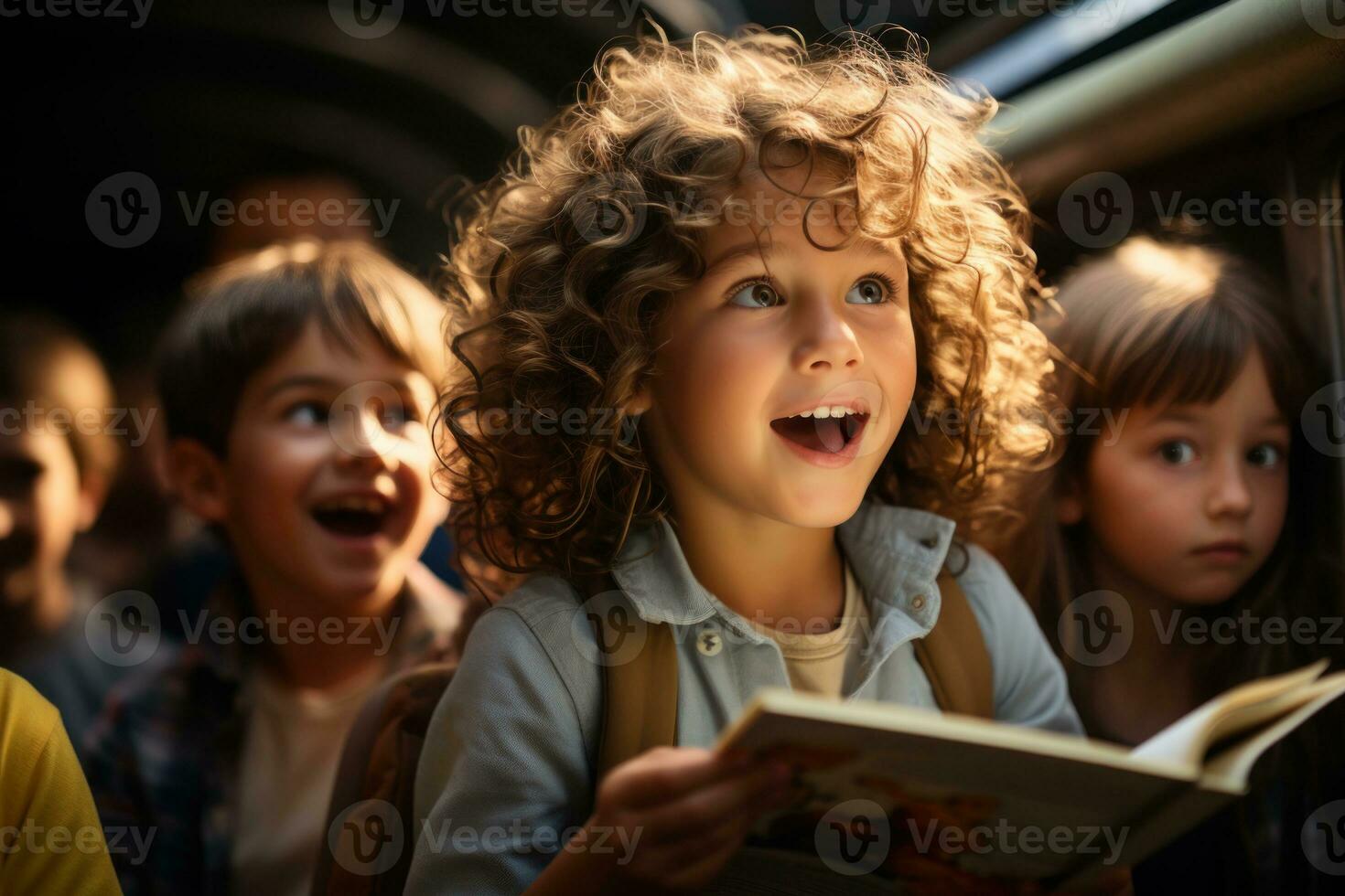 AI generated Children express excitement while reading on the school bus, book photography photo