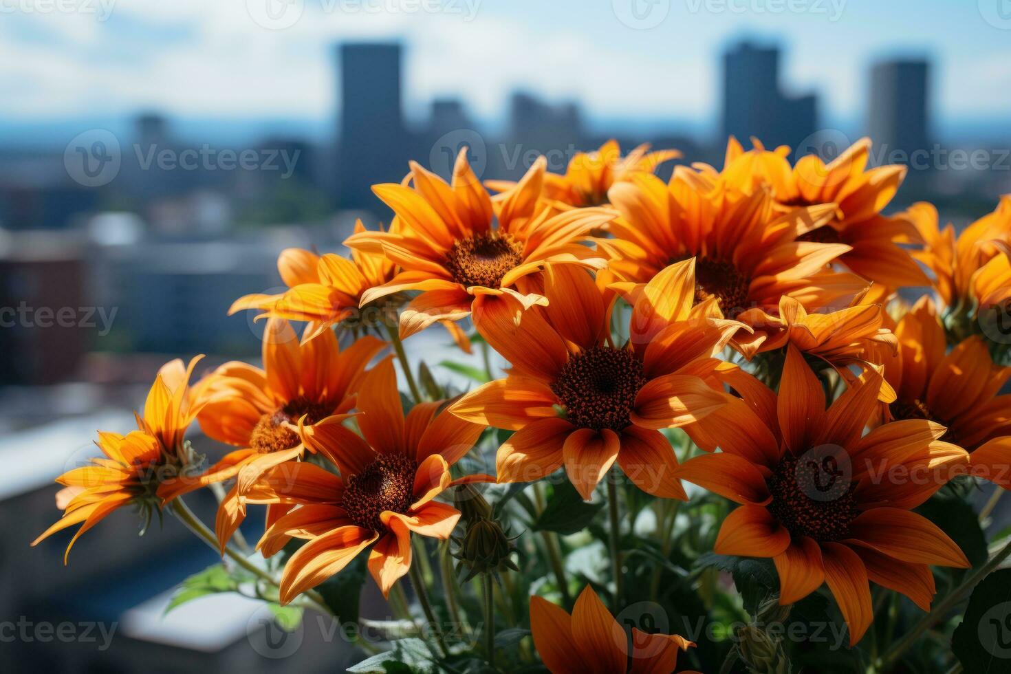 AI generated Sunflower skyline blending with cityscape, spring photography photo