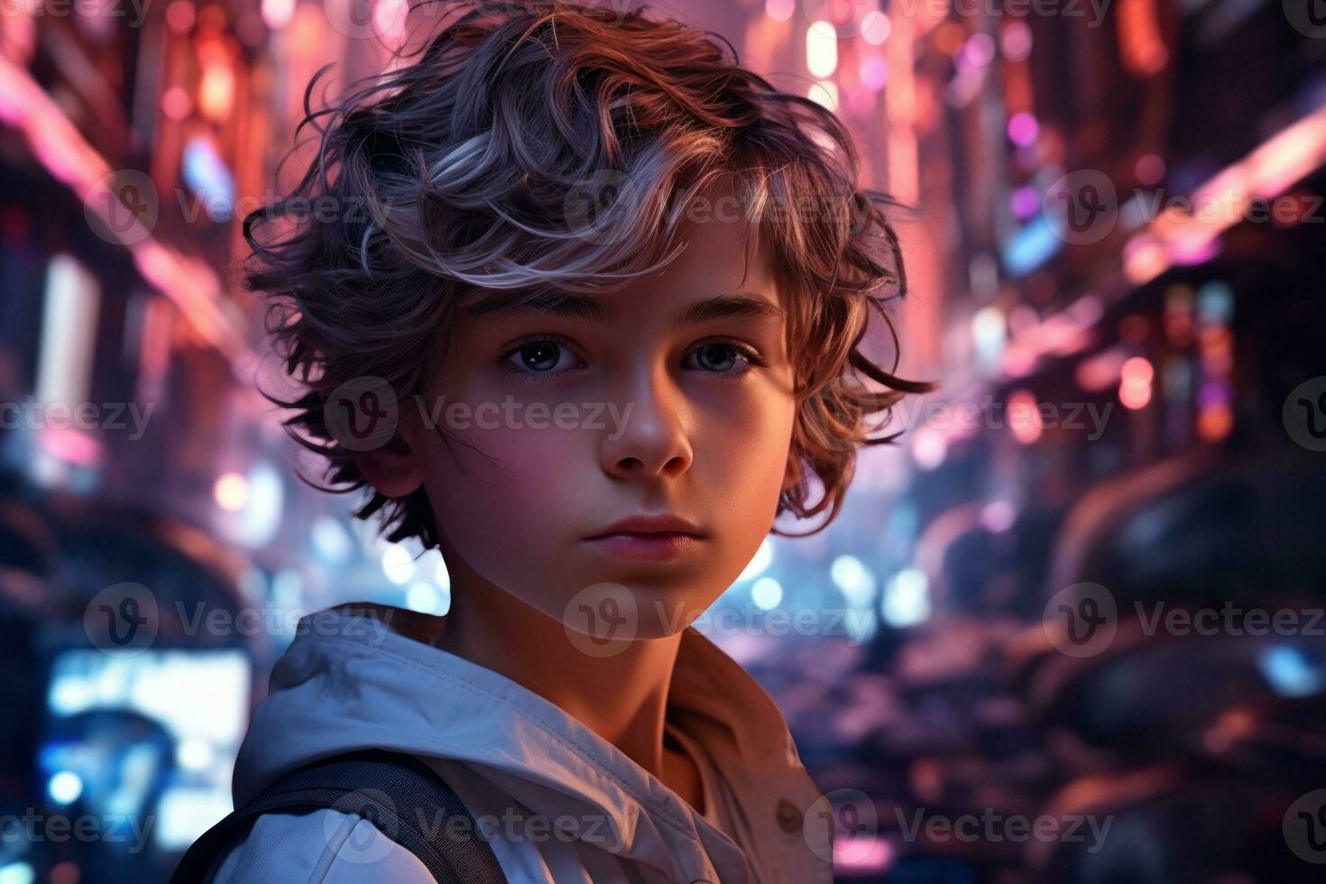 AI generated A boy immersed in reading in a futuristic city oasis with neon lights and skyscrapers, book photography photo
