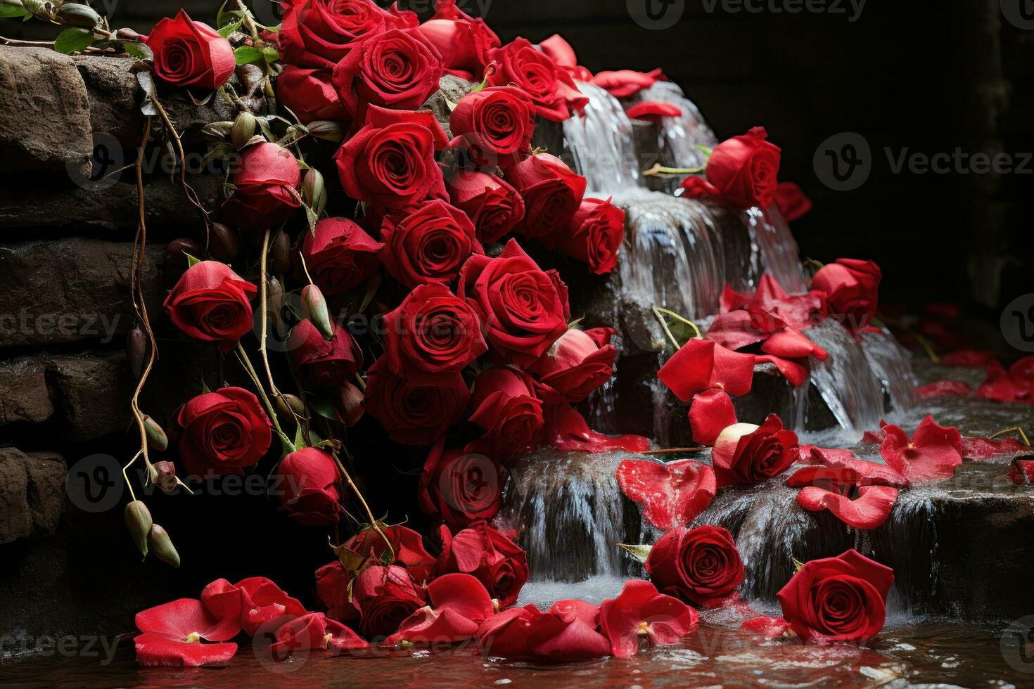 AI generated Nature portrayal of endless affection through red roses descending like a waterfall, valentine, dating and love proposal image photo