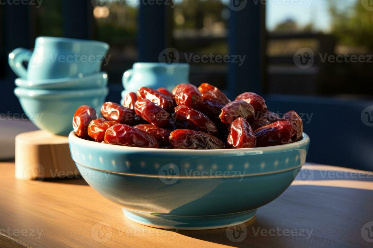 AI generated Sweet and succulent dates arranged in a bowl on a rustic blue wooden table, islamic images photo