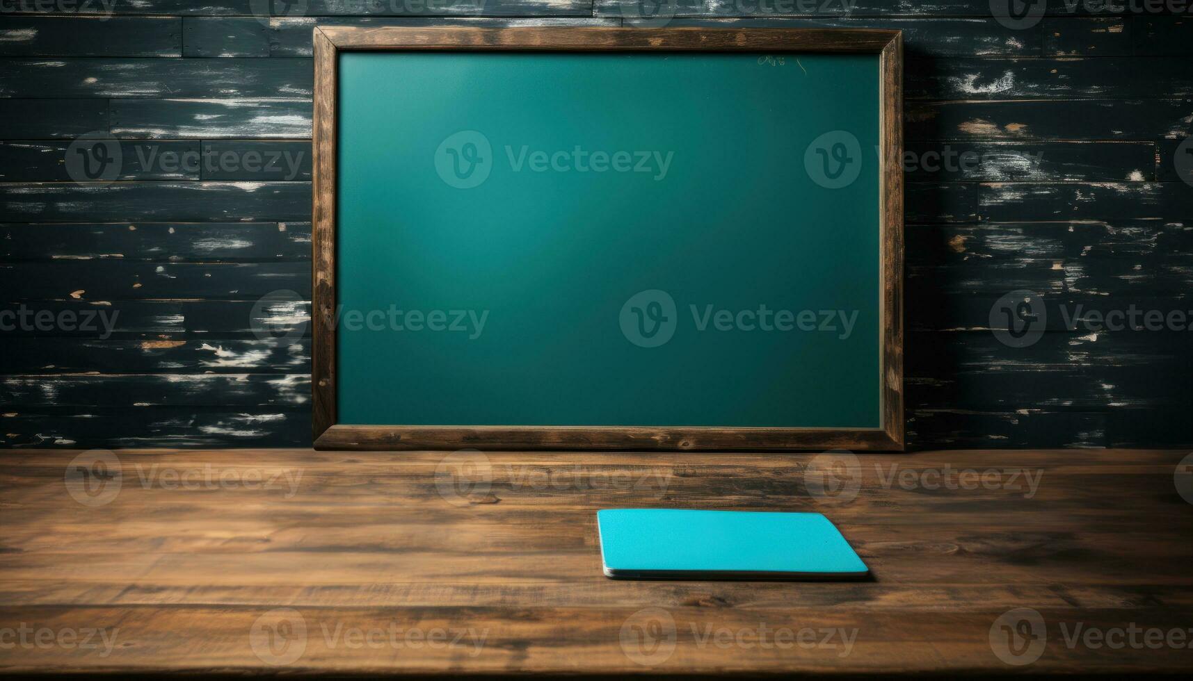 AI generated Blackboard and notebook on table, education pictures for website photo