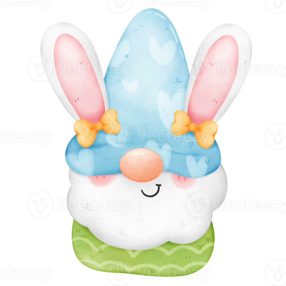 Cute bunny easter ear gnome in blue and green costume with yellow ribbon colorful watercolor png