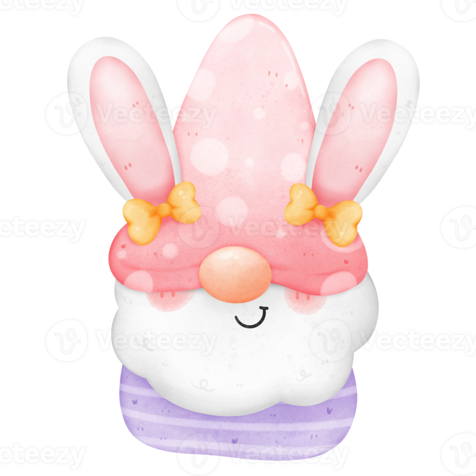 Cute bunny easter ear gnome in pink and purple costume with yellow ribbon colorful watercolor png