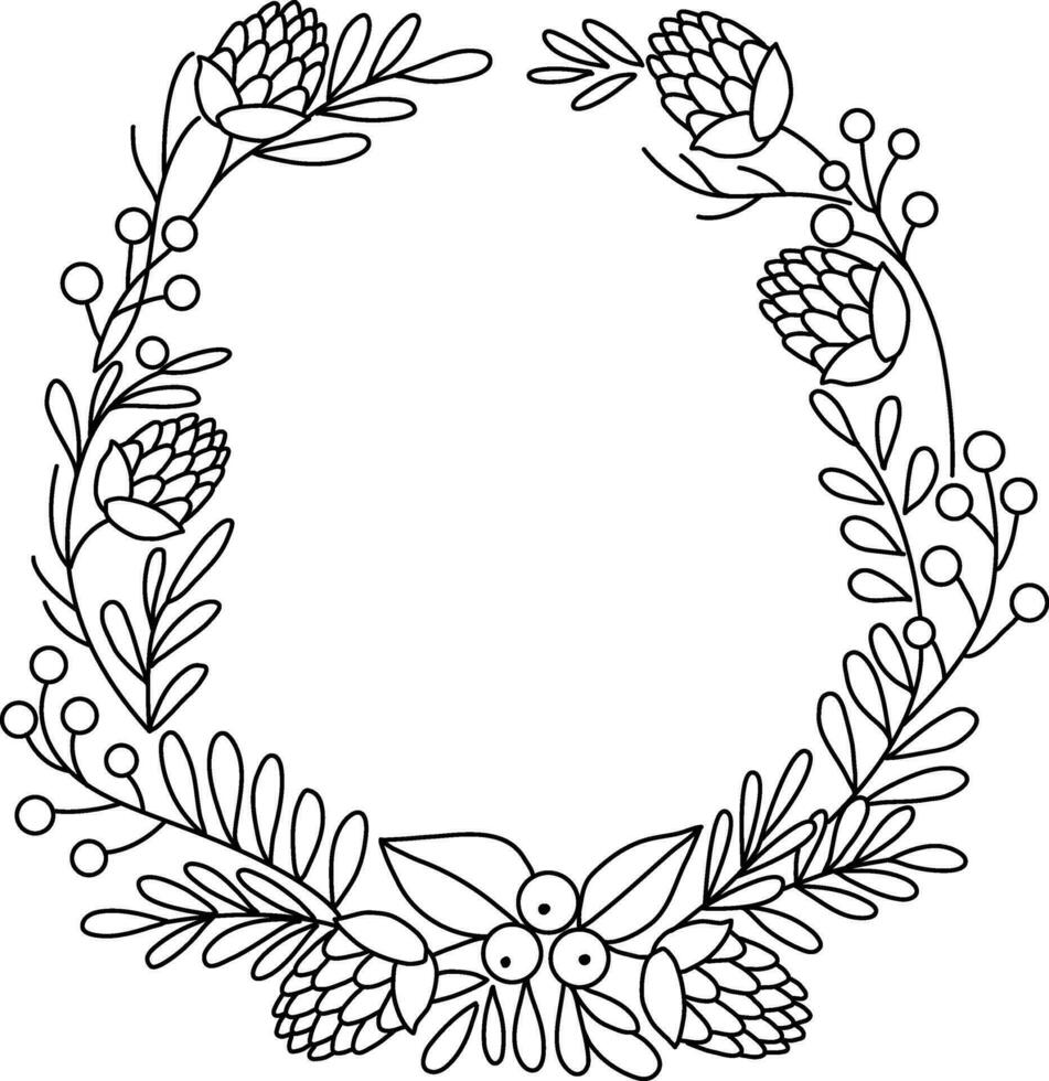 Doodle boho flower wreath a boho style floral wreath that is hand drawn with simple, elegant lines. beautiful elements like tinsel, garland, and circular flower arrangements. vector