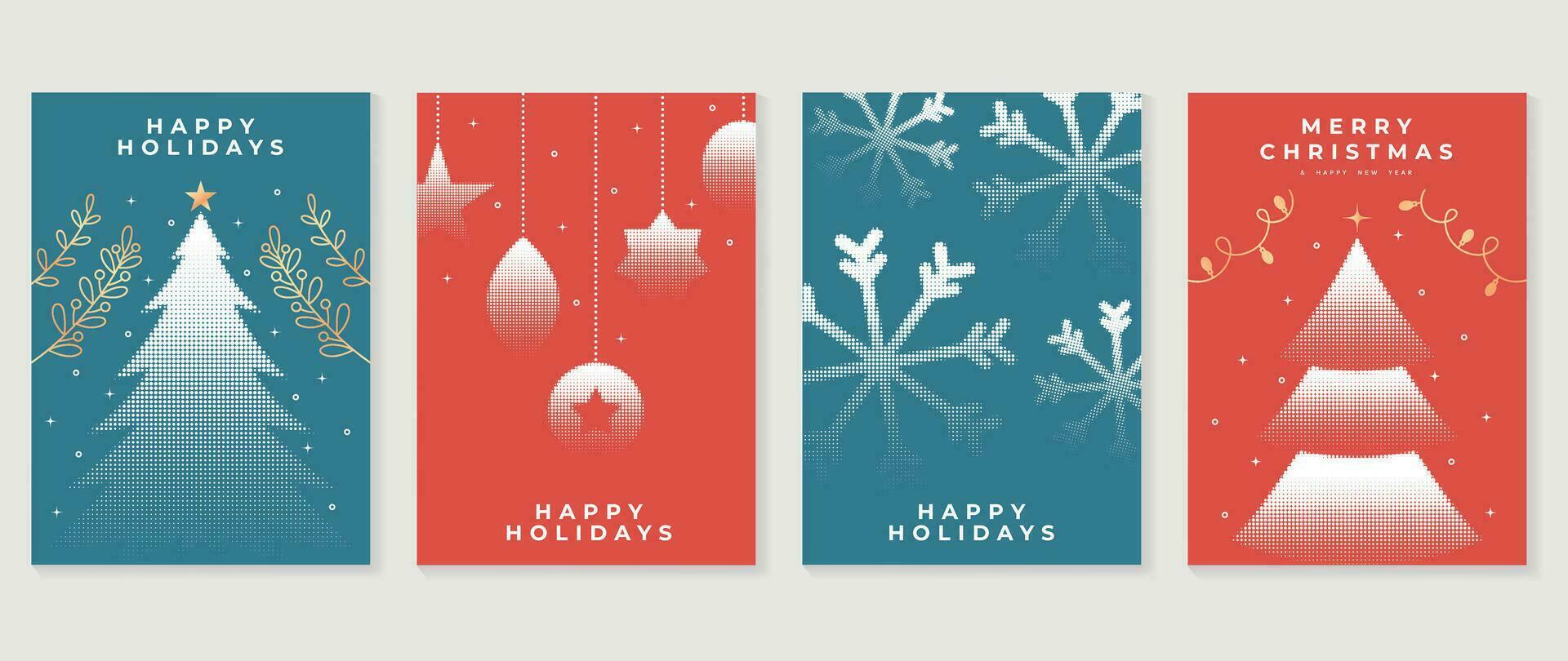 Merry christmas and happy new year card design vector. Elements of decorative bauble ball, christmas tree, snowflake halftone texture. Art design for card, poster, cover, banner, decoration. vector