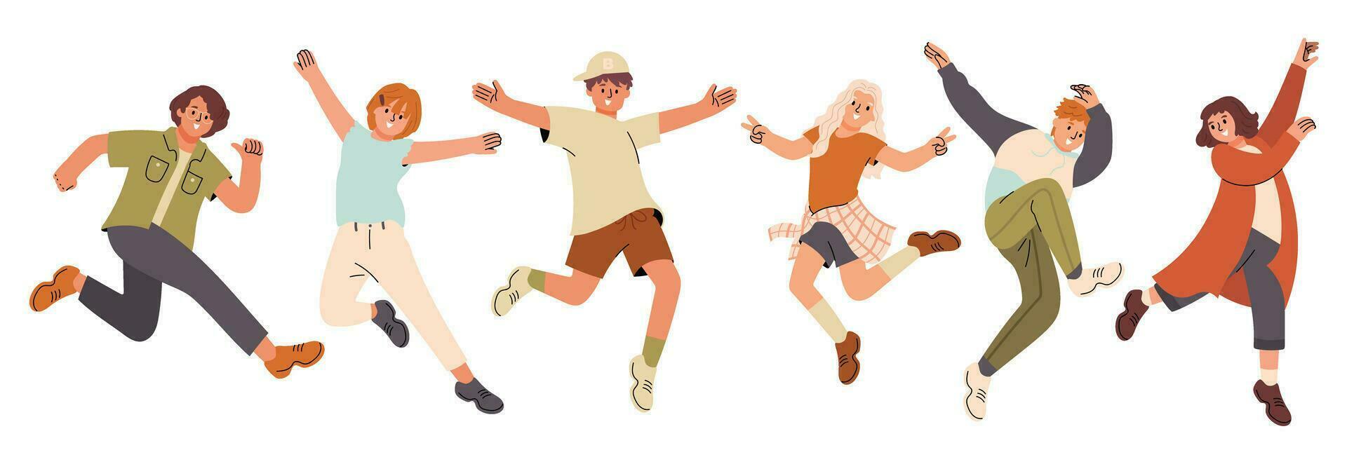 Set of multicultural young people. Happy girls and boys with different pose, jumping, gesture, clothes . Happiness and friendship concept design for celebration, cover, print, ads, education. vector