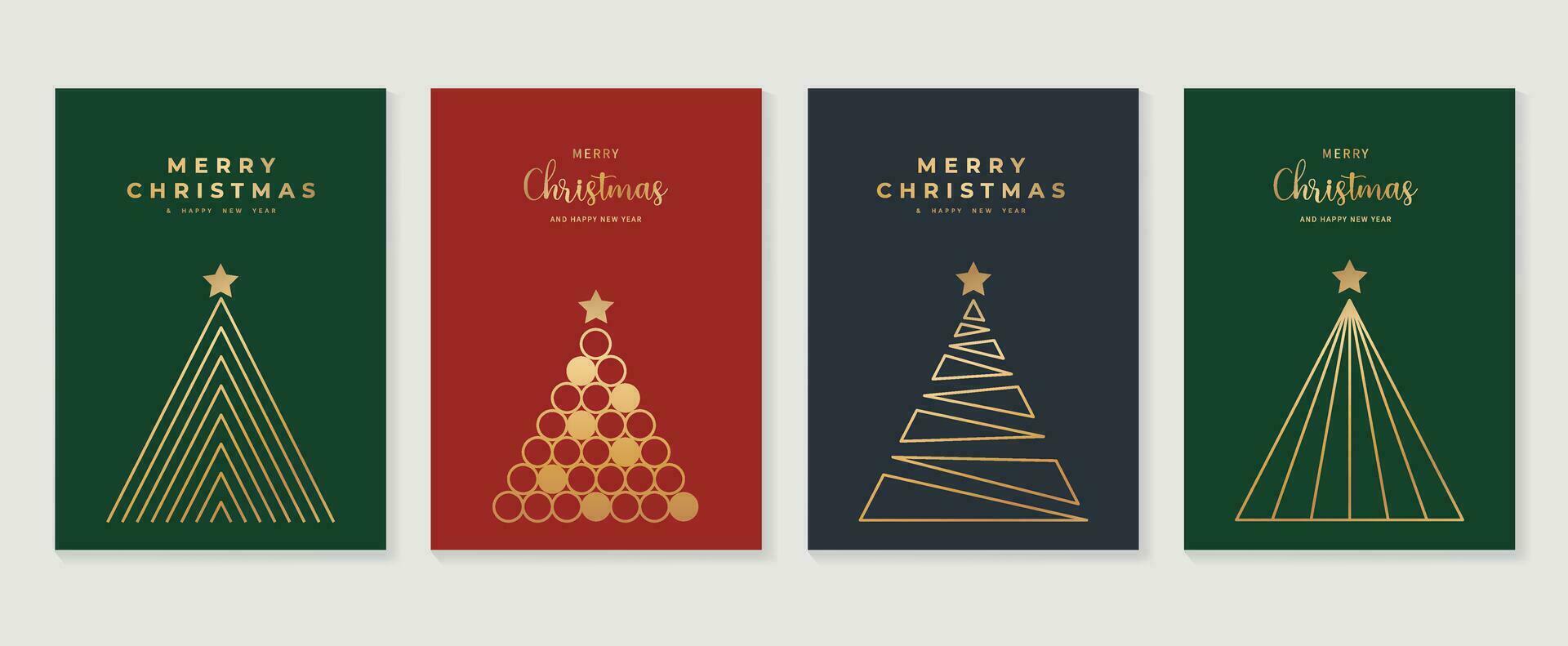 Luxury christmas invitation card art deco design vector. Christmas tree, star line art on green, red and blue background. Design illustration for cover, poster, wallpaper. vector