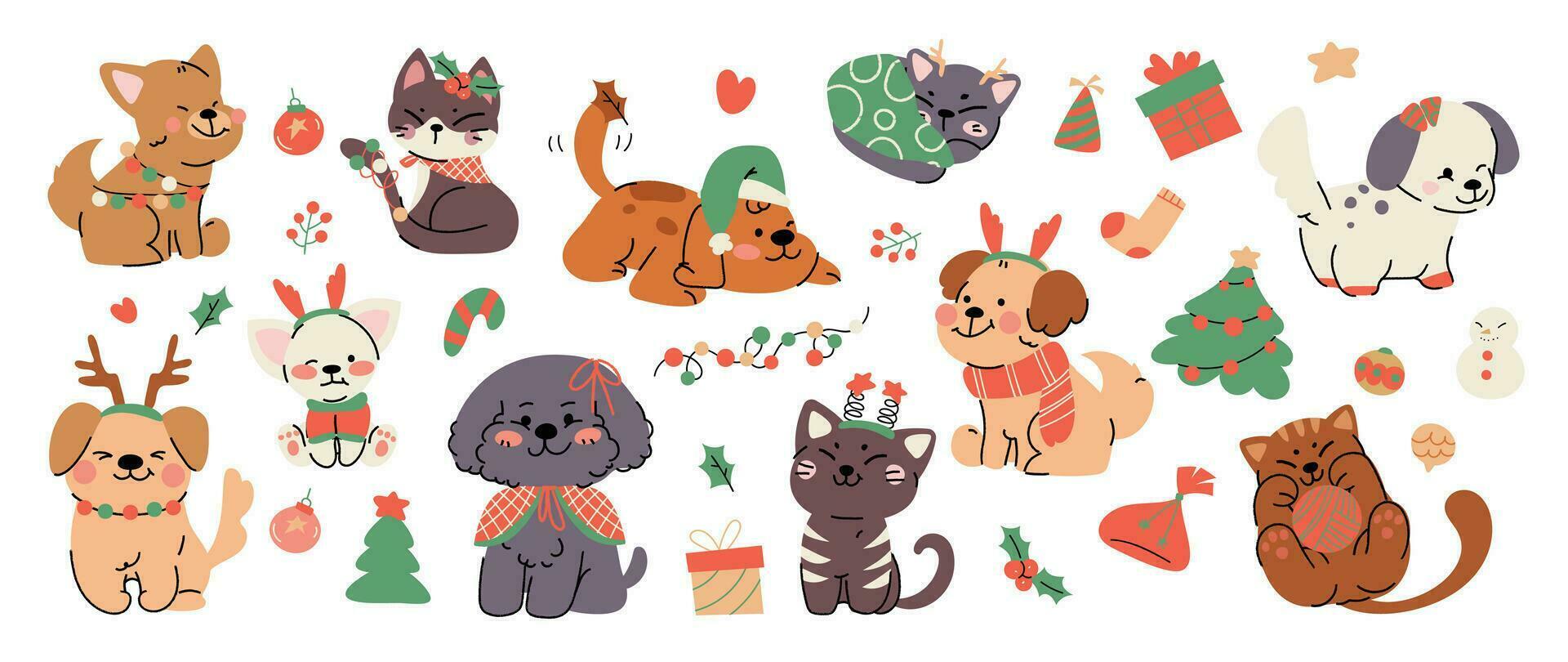 Merry christmas and happy new year concept background vector. Collection drawing of cute cat and dog with decorative scarf, ribbon, hat. Design suitable for banner, invitation, card, banner, cover. vector