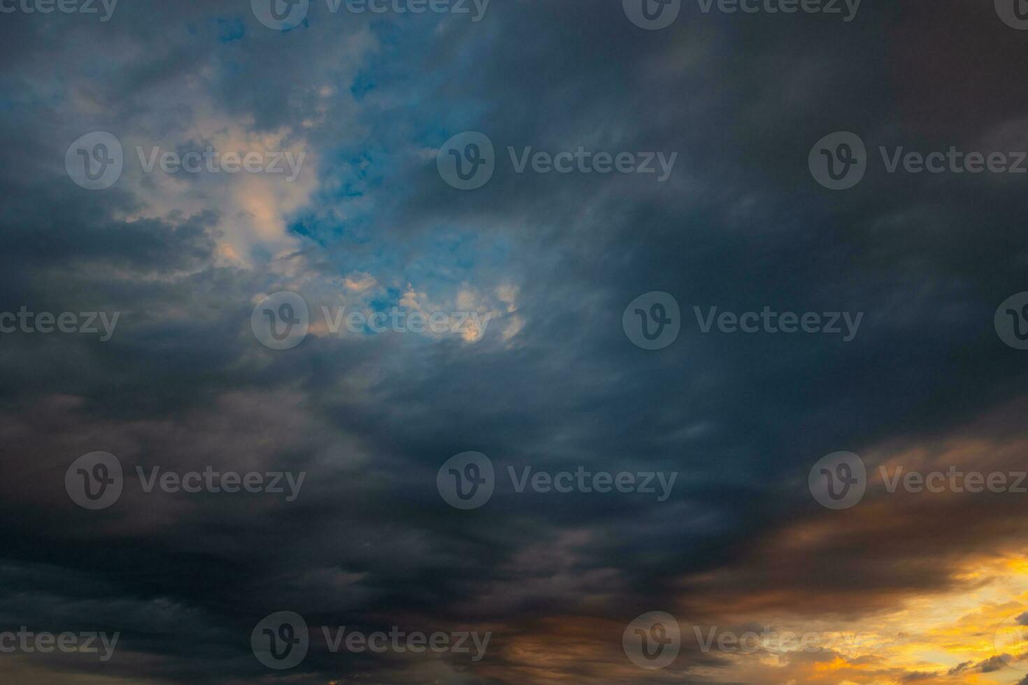 Dramatic cloudy sky background photo. Cloudscape at sunrise or sunset photo