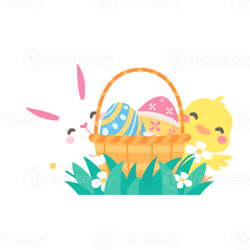 Cartoon chick with Easter eggs in the grass and Easter egg search activity with children. png
