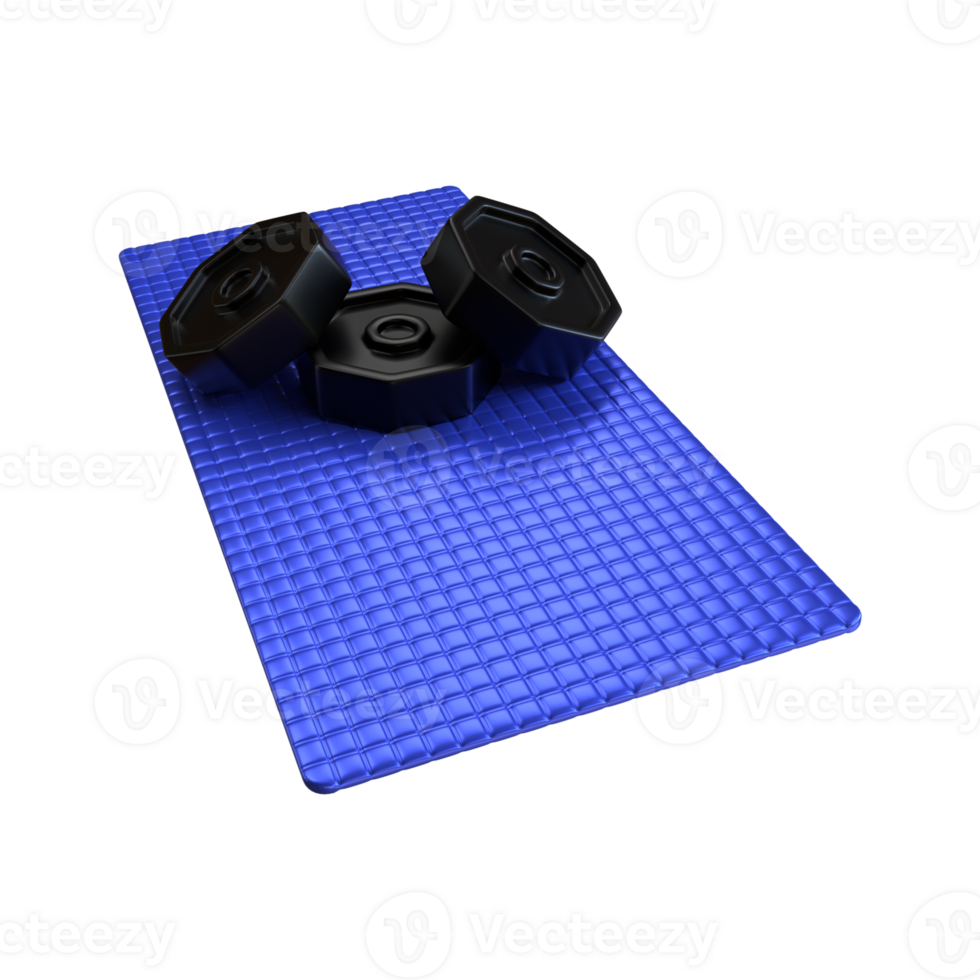 3d rendering of gym fitness lifting weights and mattress png