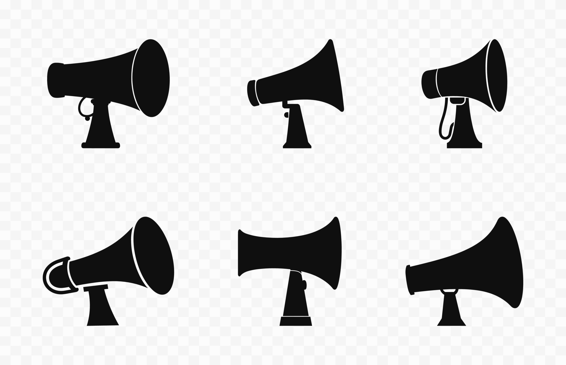 Set of Megaphone black Silhouettes, Simple megaphones flat vector icon