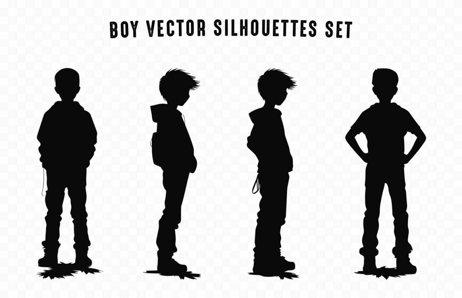 conjunto de chico negro silueta vector icono, joven chico en pie siluetas, Adolescente chico silueta en diferente poses