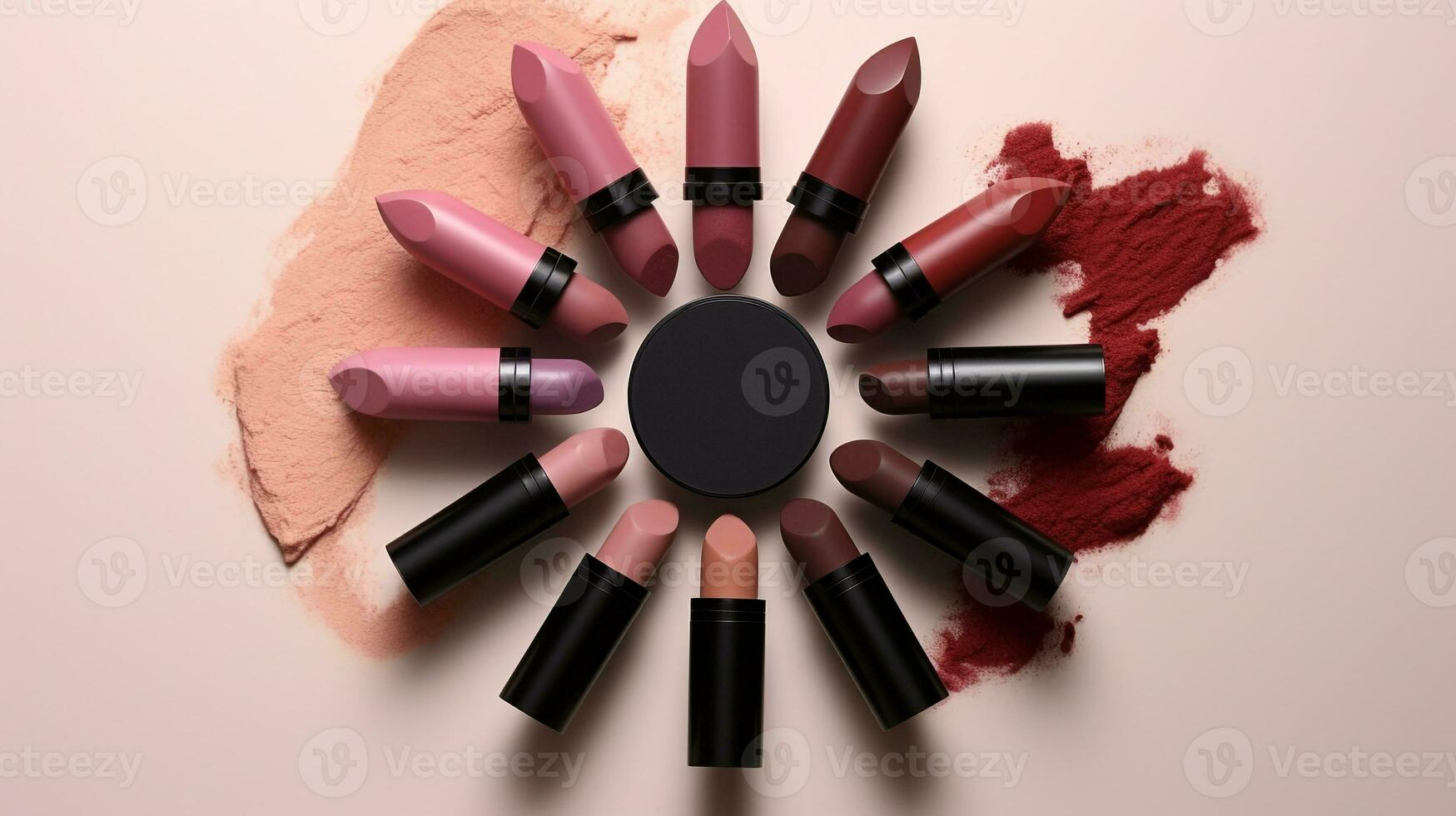 AI generated beautiful arrangement of powder and five lipsticks on table. Generative AI photo