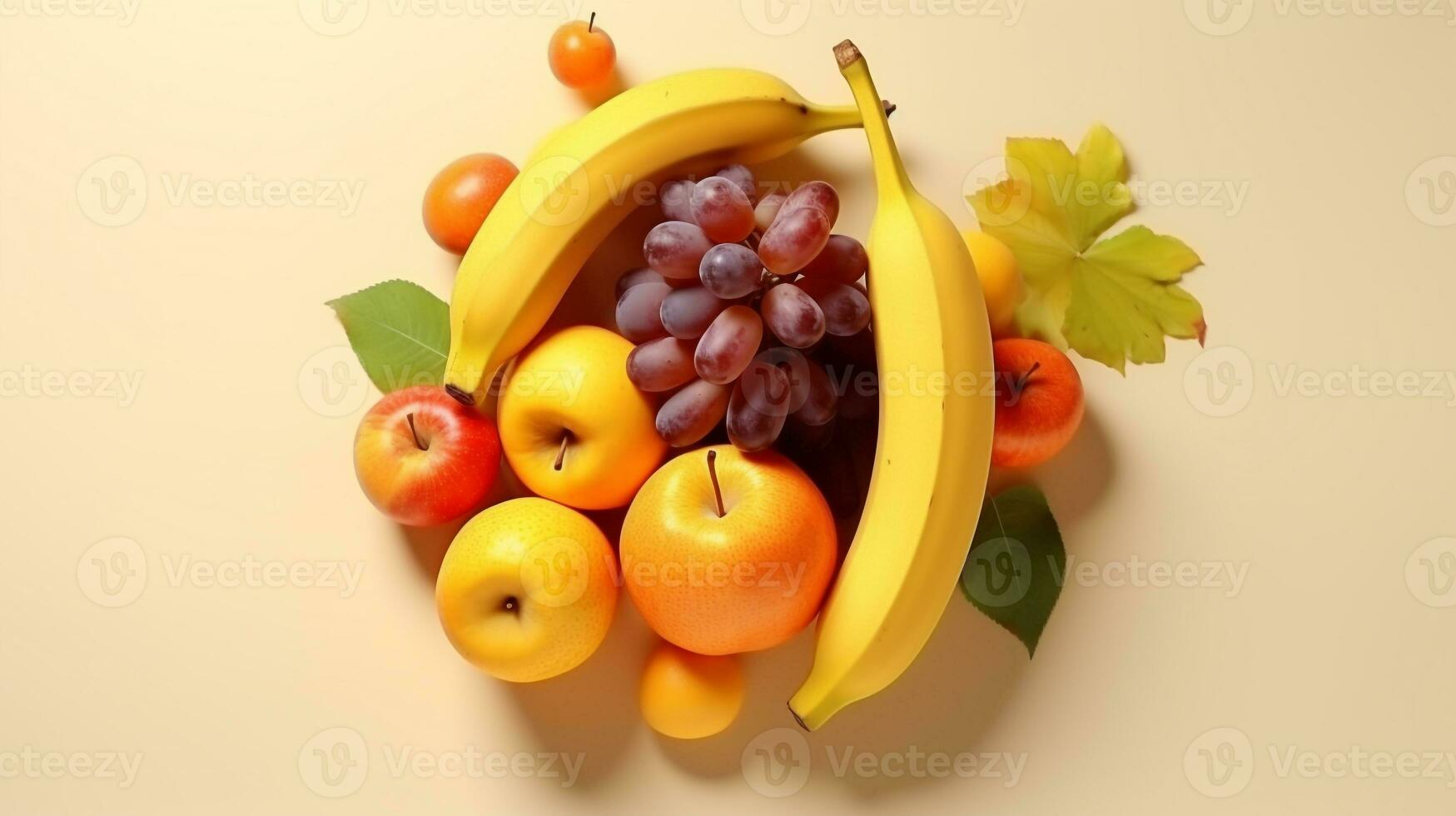 AI generated beautiful arrangement of orange, apple, pear, banana, and grape on table. Generative AI photo