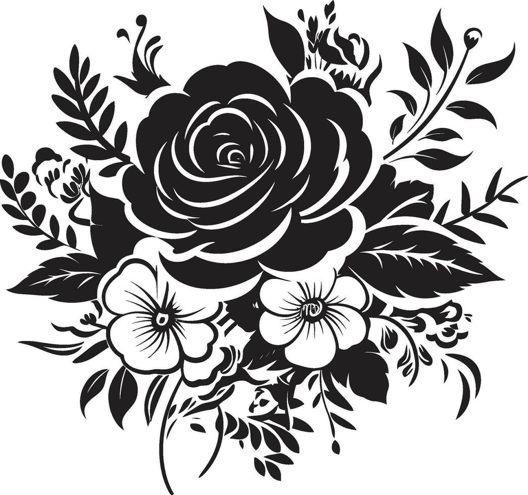 Enchanted Floral Posy Black Vector Emblem Intricate Petal Bundle Decorative Bouquet Icon