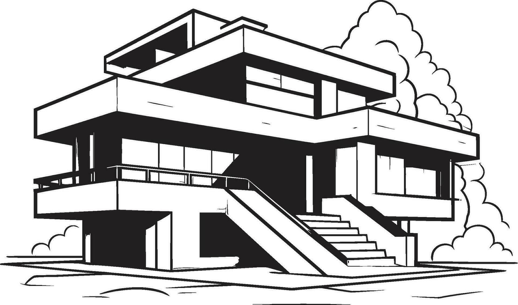 Cityline Villa Silhouette Black Outline Vector of Urban Living Chic Cityscape Villa Sleek City House Icon in Bold Black Outline