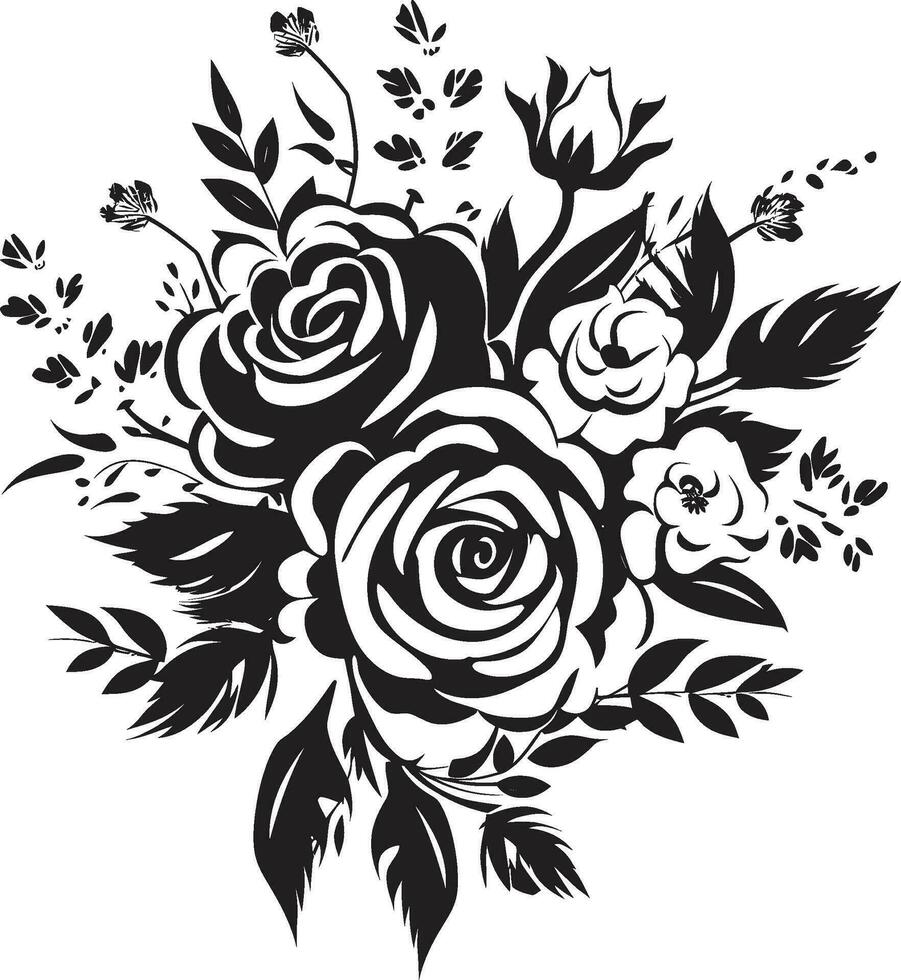 Vintage Floral Medley Black Icon Design Radiant Petal Assembly Decorative Black Emblem vector