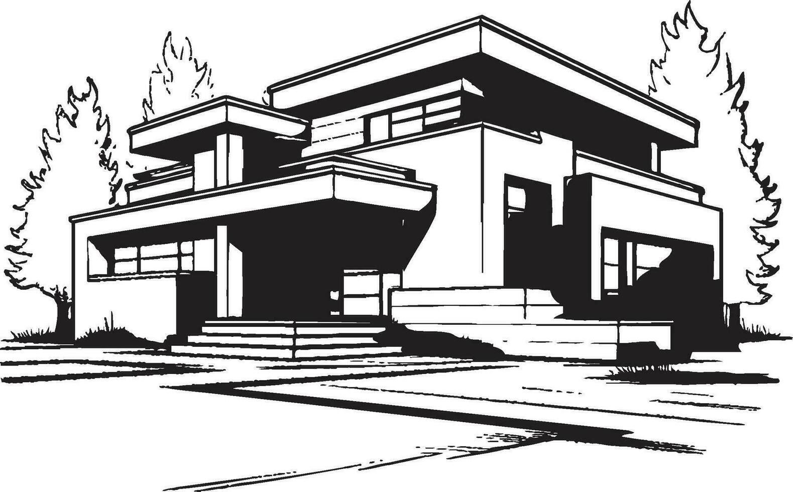 Modern Urban Residence Villa Outline Symbolizing Urban Elegance Cityline Villa Silhouette Black Outline Vector of Urban Living