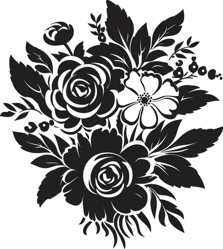 Ethereal Floral Posy Decorative Black Icon Design Timeless Bouquet Fusion Black Emblem Design vector