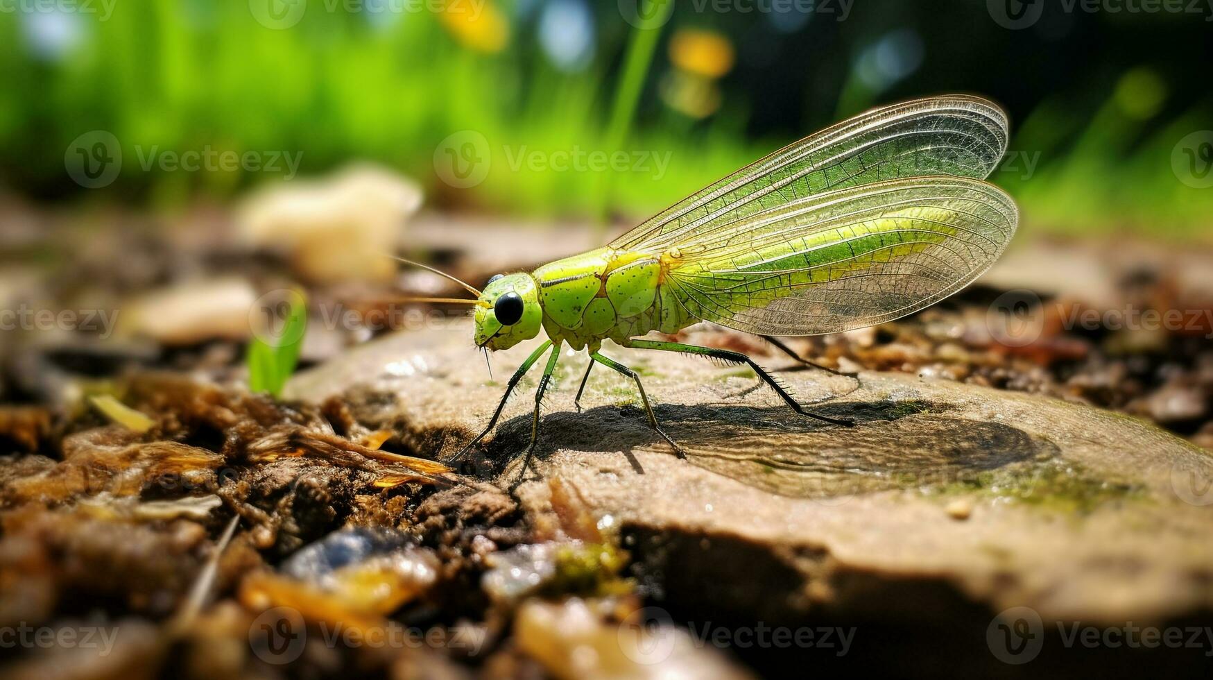 ai generado foto de verde Lacewing en un suelo. generativo ai