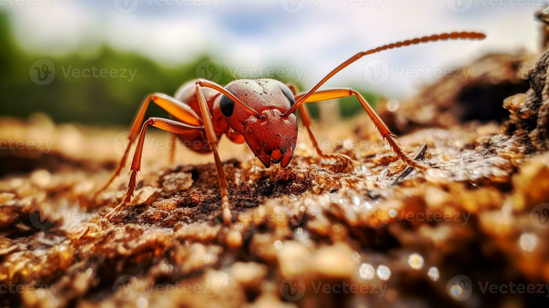 AI generated Photo of Red Imported Fire Ant on a ground. Generative AI