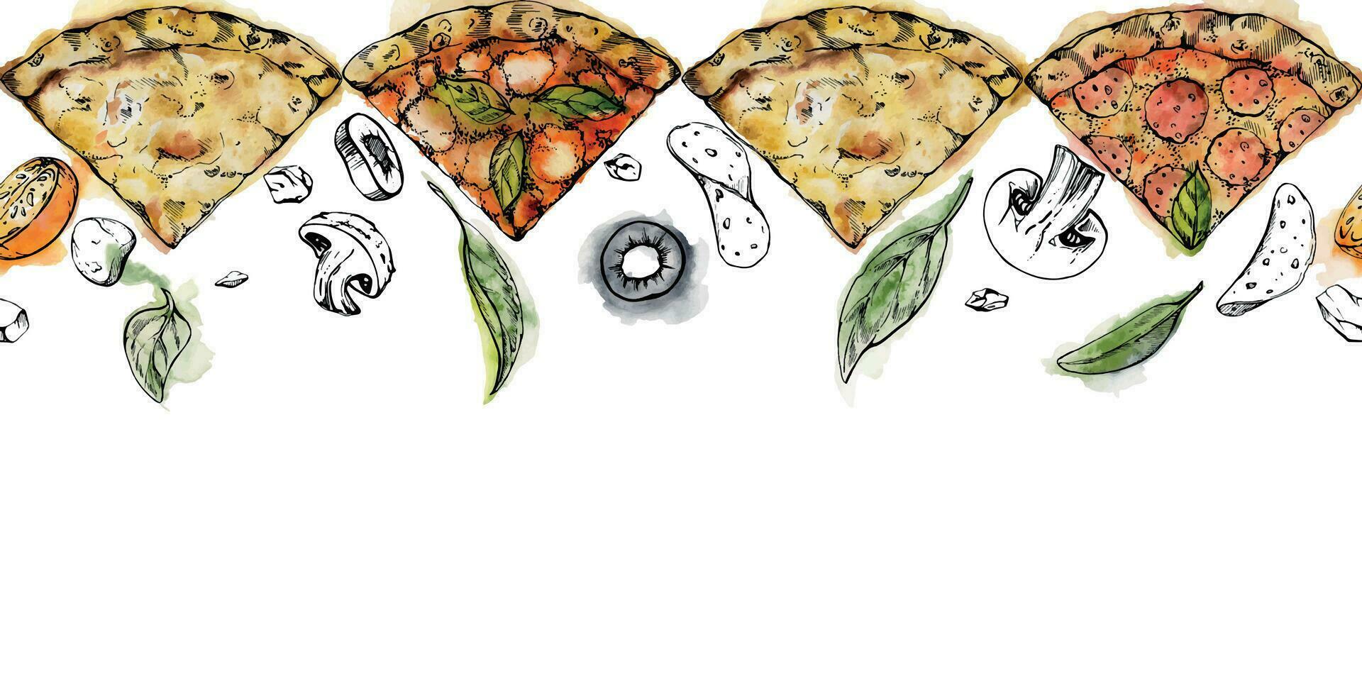 Hand drawn watercolor ink illustration. Pizza slices and toppings ingredients, Italian cuisine. Seamless border isolated on white. Design for restaurant, menu, cafe, food shop or package, flyer print. vector