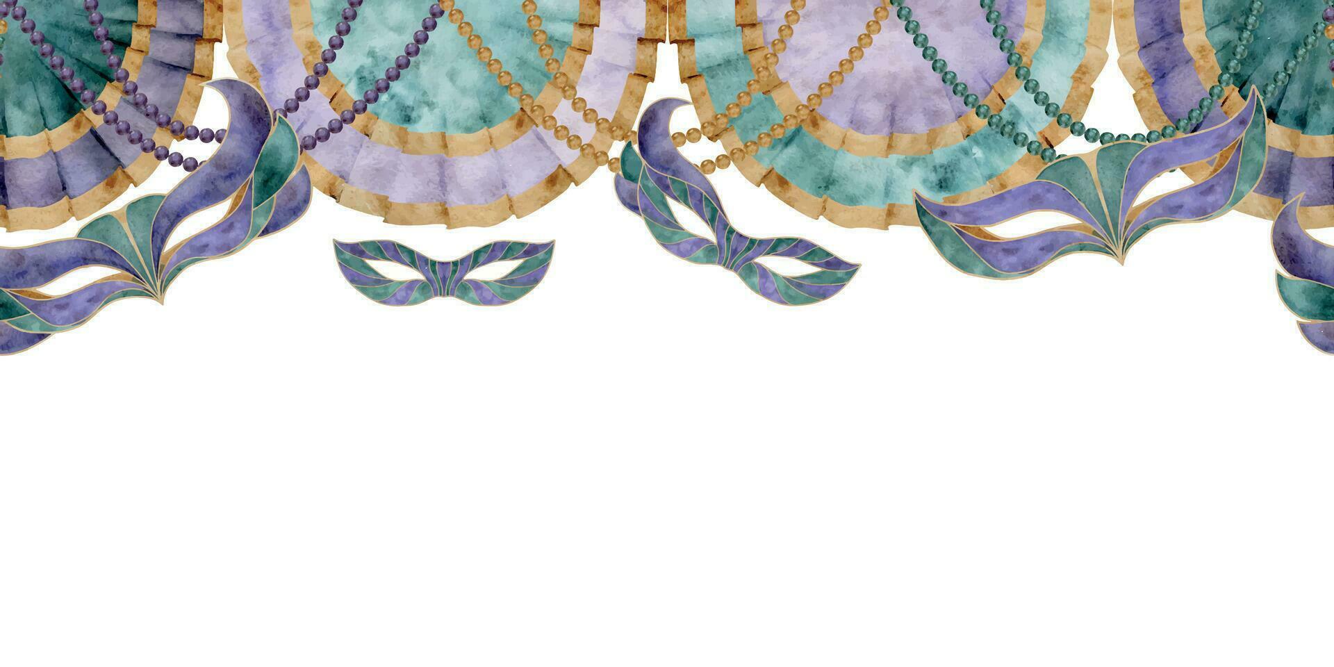 Hand drawn watercolor Mardi Gras carnival symbols. Garland cloth festoon glass bead jewel pearl strings, domino masks. Seamless banner isolated on white background. Design party invitation, print shop vector