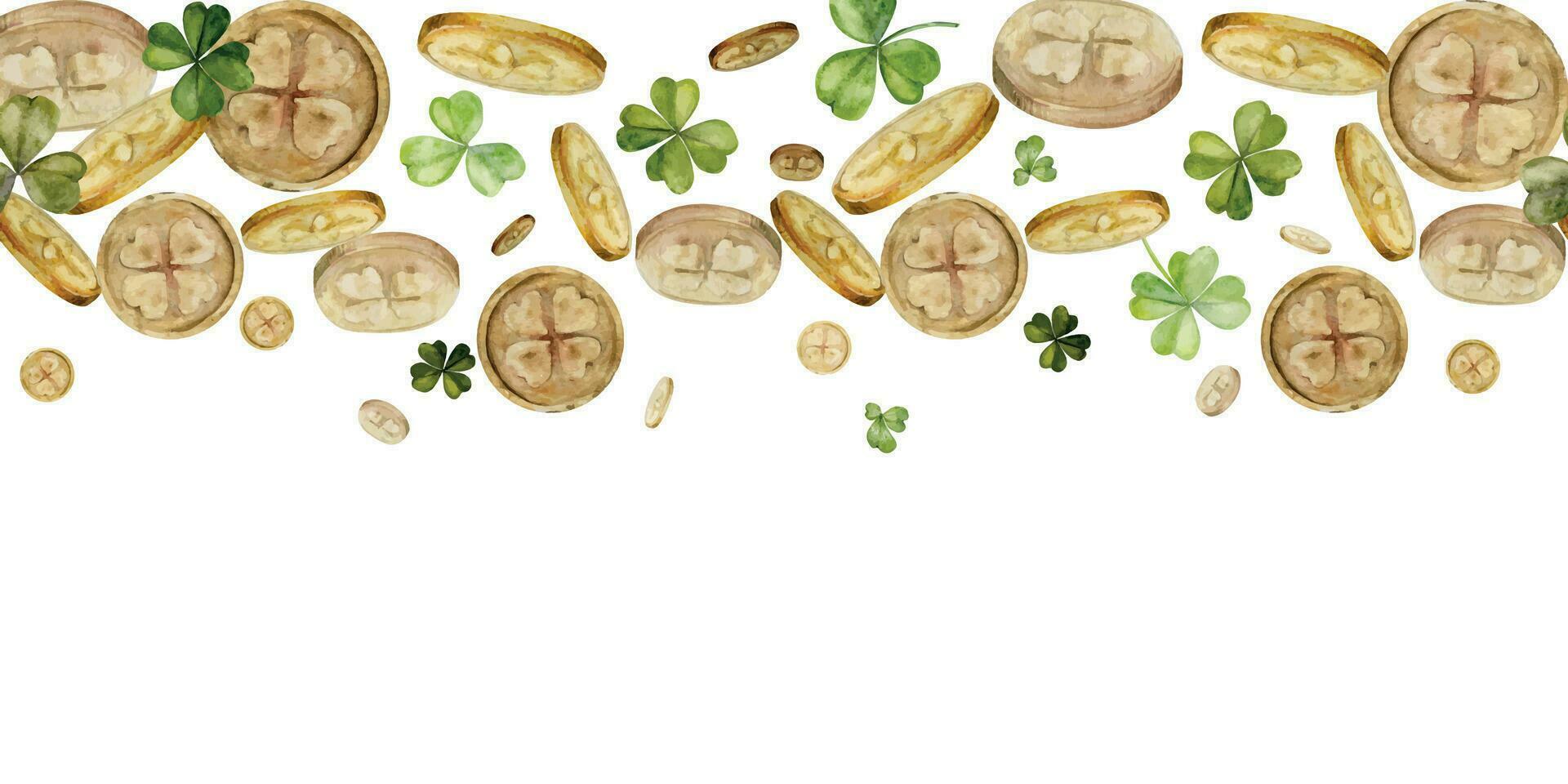 Watercolor hand drawn illustration, Saint Patrick holiday. Leprechaun gold coins, lucky clover. Ireland tradition. Seamless border Isolated on white background. For invitations, print, website, cards. vector