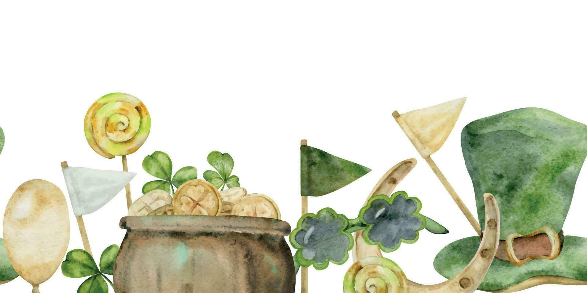 Watercolor hand drawn illustration, Saint Patrick holiday. Leprechaun pot, gold coins, green hat, lucky clover. Seamless border. Isolated on white background. For invitations, print, website, cards. vector